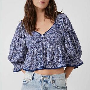 Free People Blue Puff Sleeve Crop Blouse